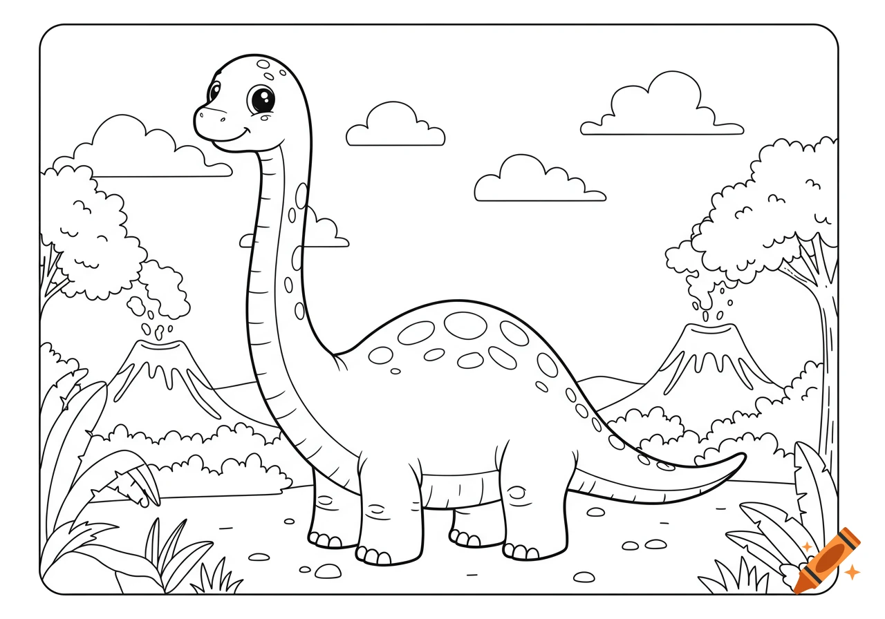 A friendly Diplodocus dinosaur stands in a prehistoric landscape with volcanoes and plants, in a black and white coloring book style.