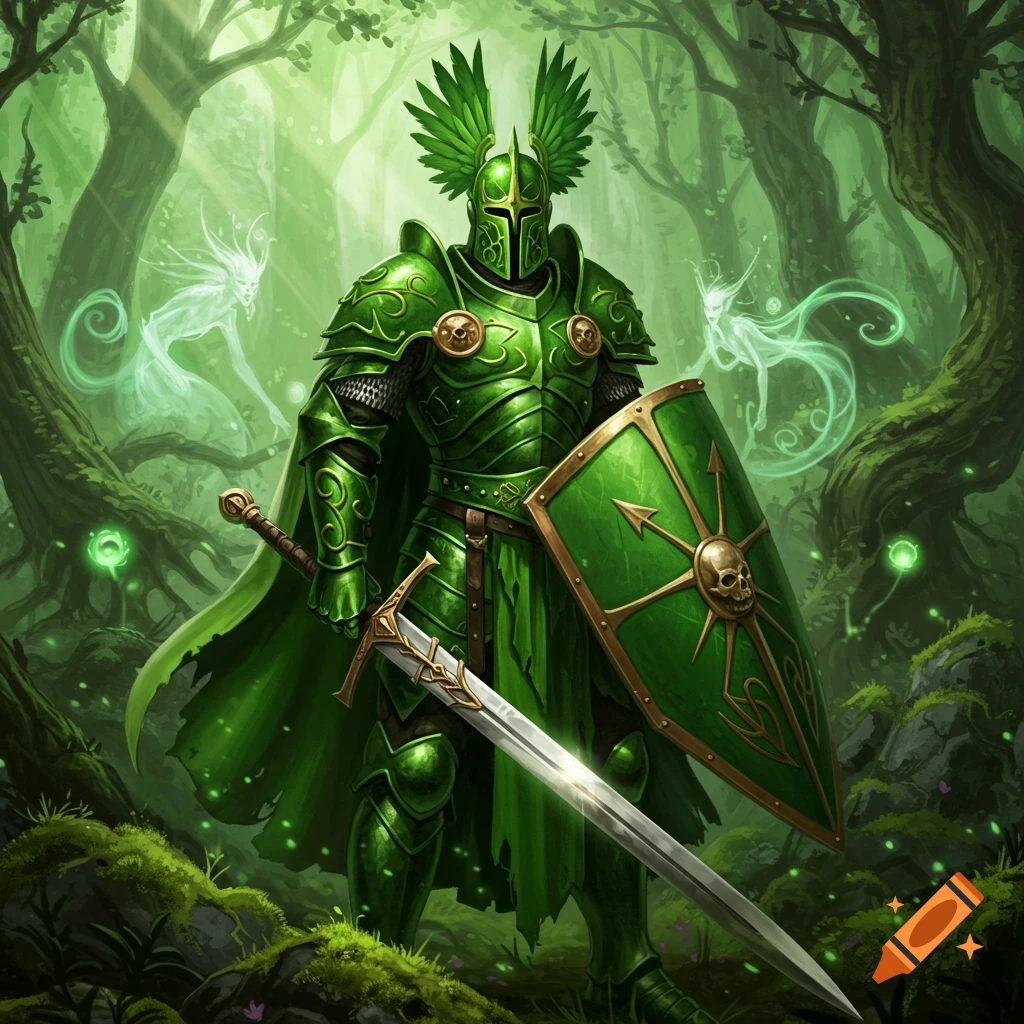 A green armored knight with a sword and shield stands in a misty forest with ethereal spirits and glowing orbs.