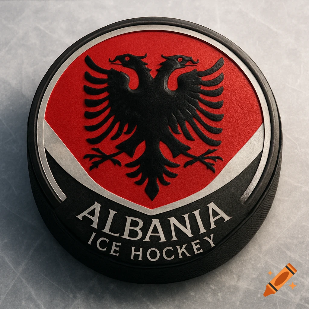 A close-up of a black hockey puck with a red and black Albanian eagle logo and the words 'ALBANIA ICE HOCKEY'.