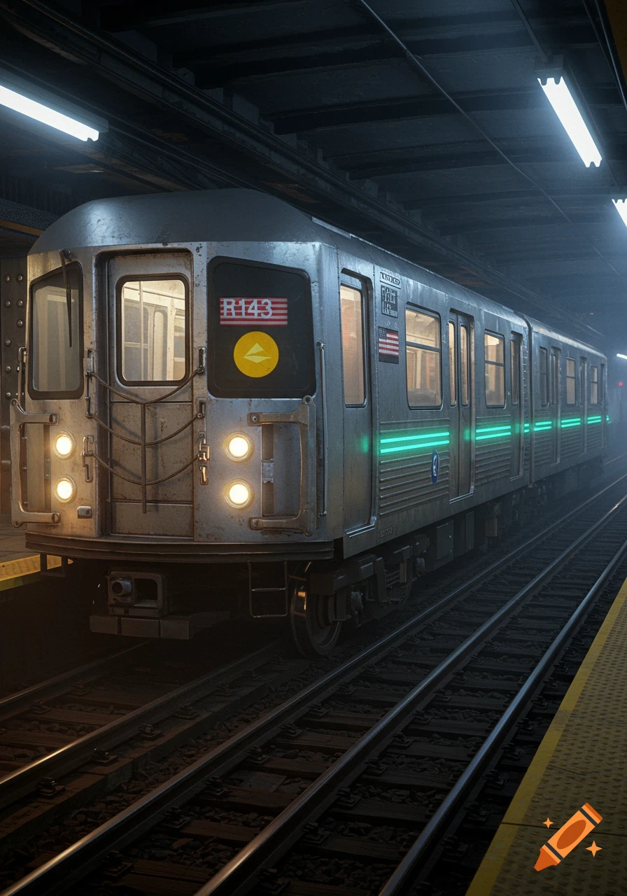 A dark, moody, photorealistic shot of an R143 New York City subway train sitting at a station platform with neon green lights.