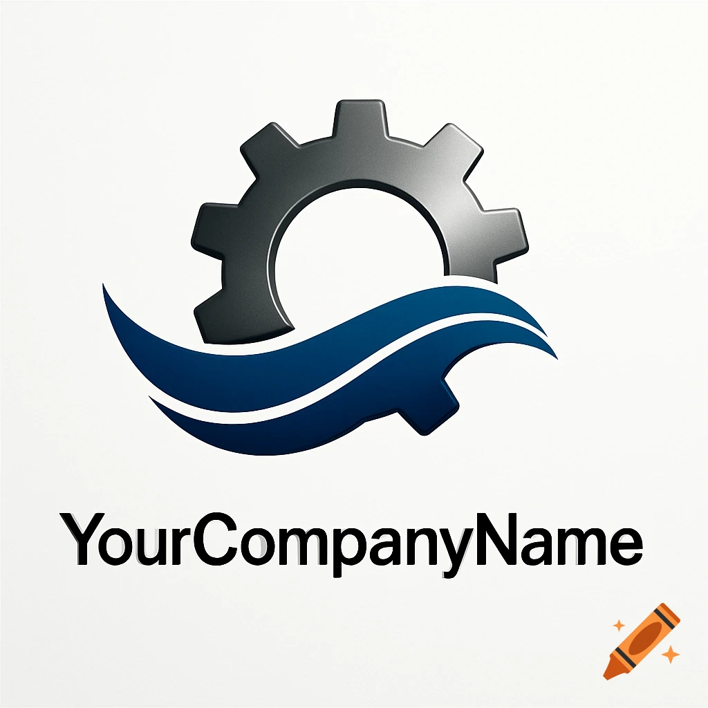 A logo featuring a metallic gray gear partially overlapping a deep blue wave, with 'YourCompanyName' text below.