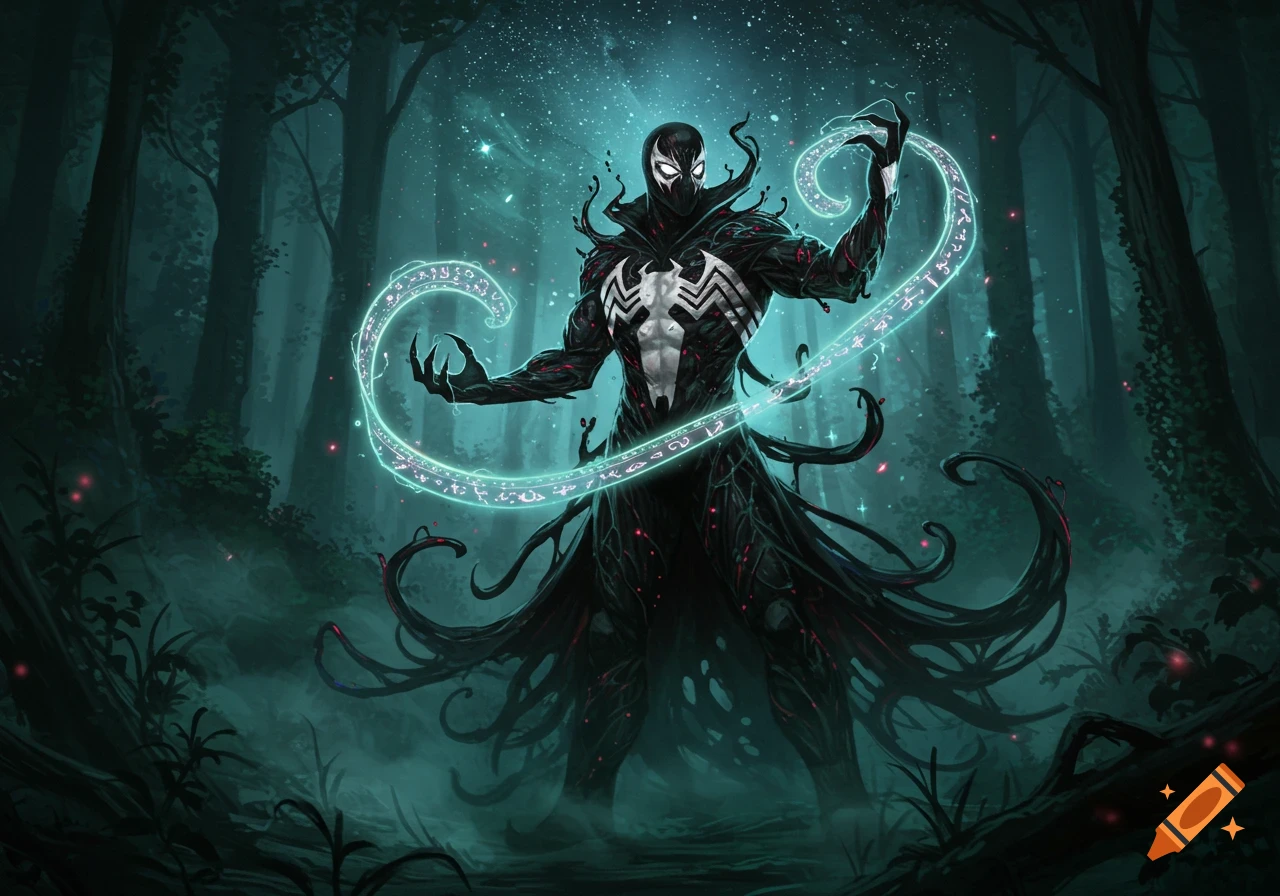 A dark, powerful symbiote sorcerer with glowing eyes casts a spell, surrounded by mystical energy in a shadowy forest.