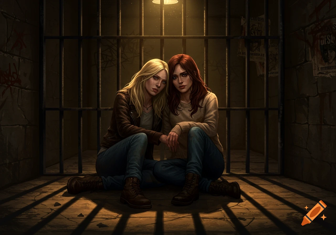 Two somber women, one blonde and one brunette, sit behind jail bars in a dimly lit cell, holding hands. Digital painting.