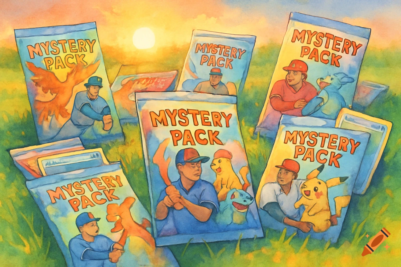 Watercolor painting of several 'Mystery Pack' baseball trading card packs featuring stylized human and Pokemon-like characters in a grassy field at sunset.