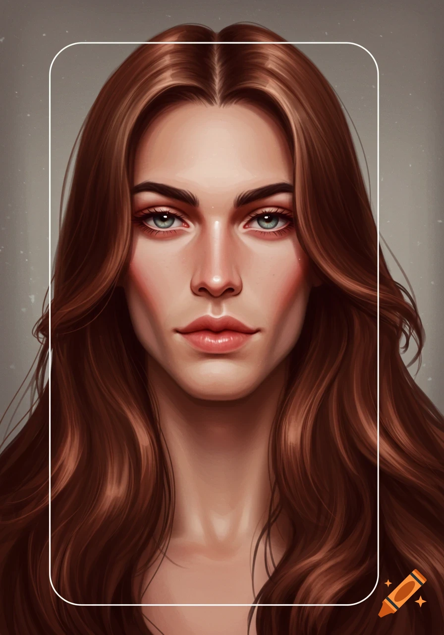 Stylized portrait of a person with long brown hair and striking blue eyes, featuring prominent facial contours.