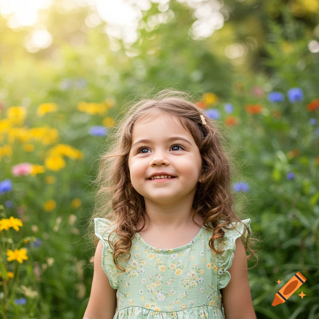 A cute young girl with curly brown hair smiles and looks up in a sunlit field of colorful wildflowers, photorealistic style.