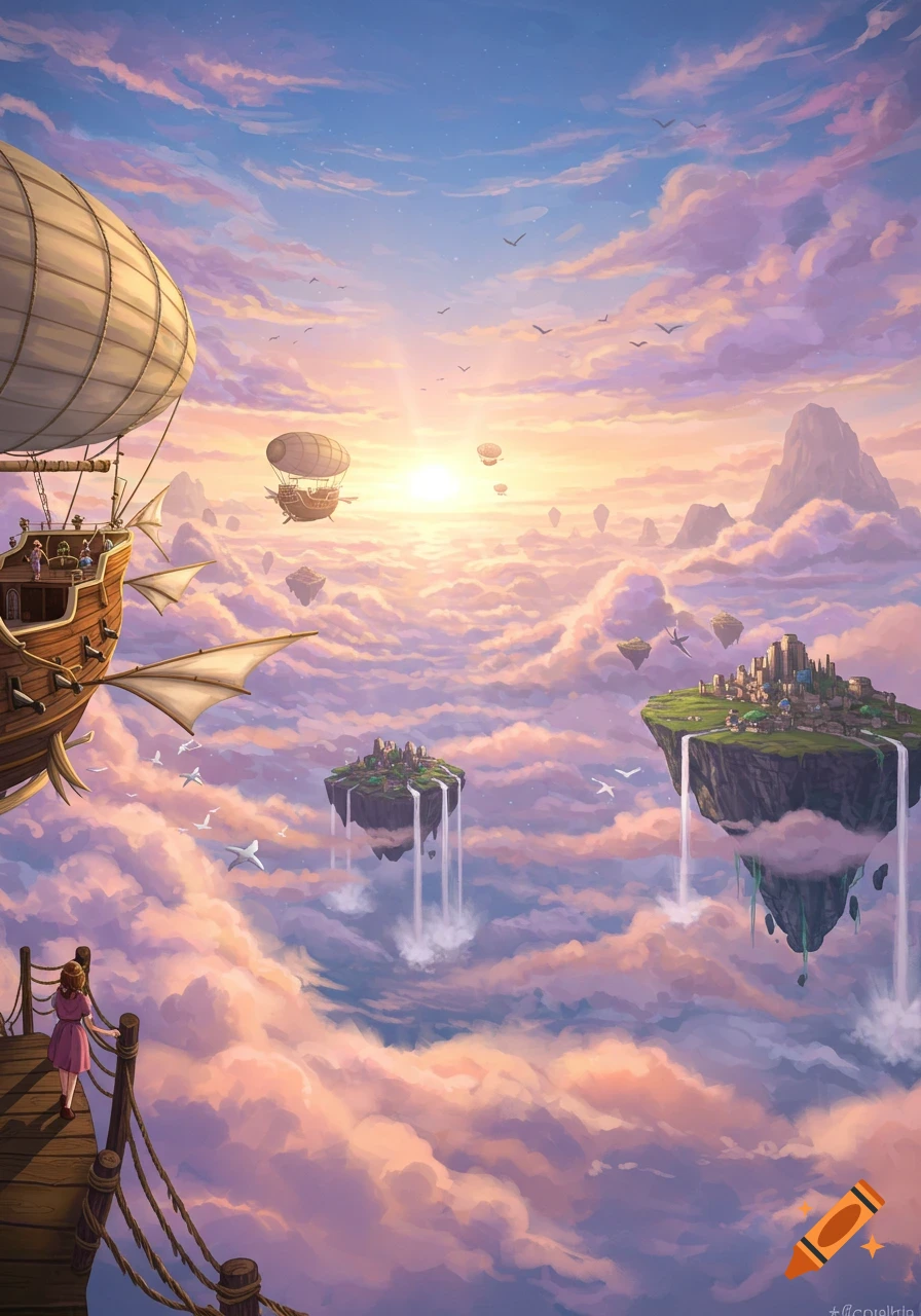 A vibrant fantasy landscape with a large airship, smaller airships, and floating islands with waterfalls, all set amidst a colorful sunset sky.