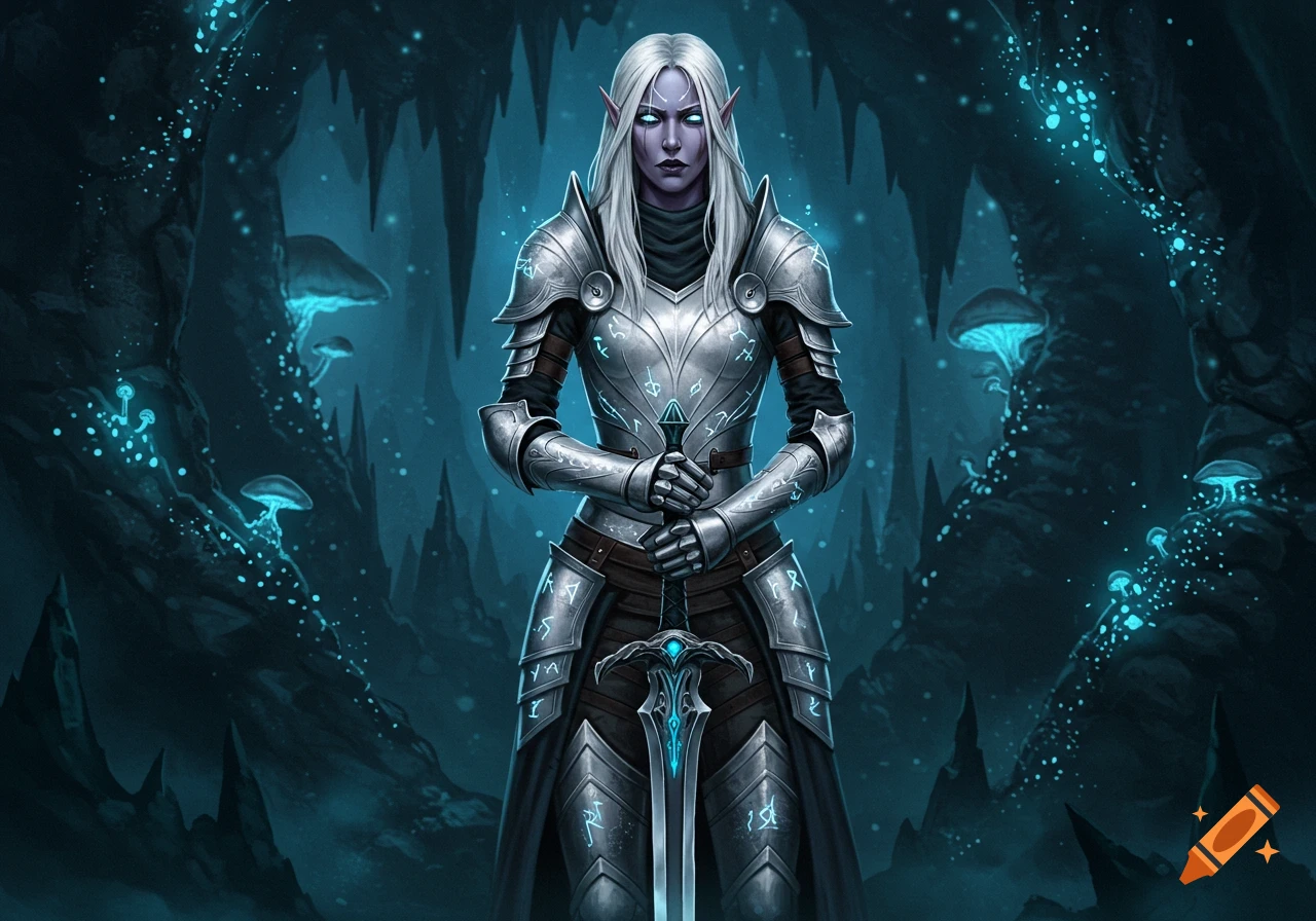 A drow woman in detailed white runic armor holds a glowing greatsword in a dark, cavernous fantasy setting with bioluminescent mushrooms.