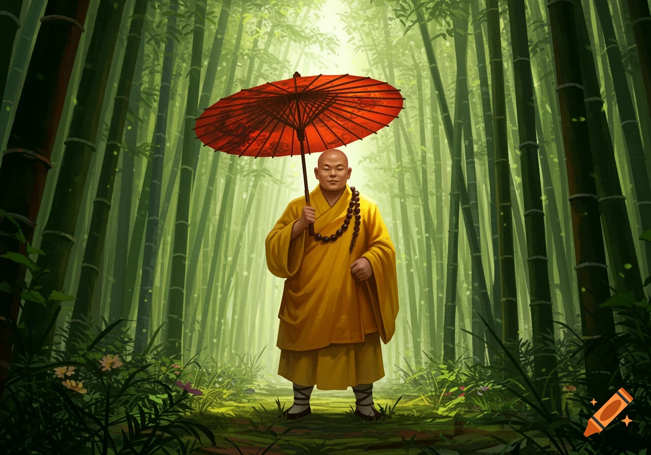 A bald monk in a yellow robe stands holding a red Asian paper umbrella in a vibrant bamboo forest.