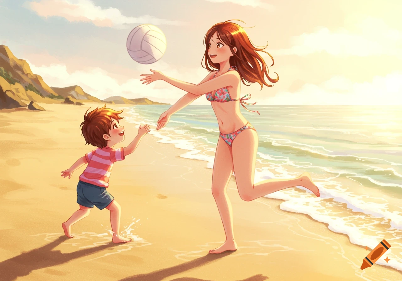 An anime illustration of a woman in a bikini and a child playing volleyball on a sunny beach at sunset.