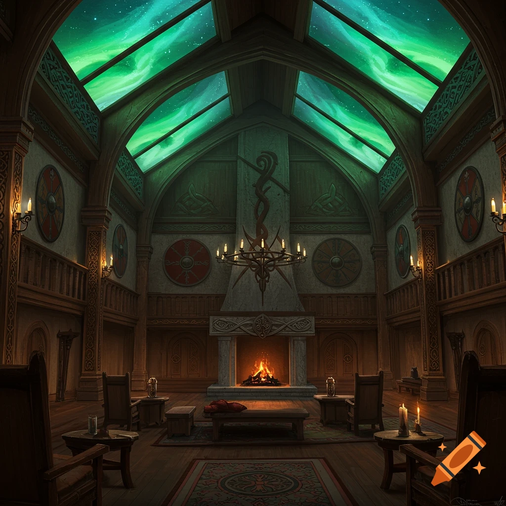 A grand Viking-style hall with a roaring fireplace, ornate wooden beams, and a ceiling resembling the aurora borealis.