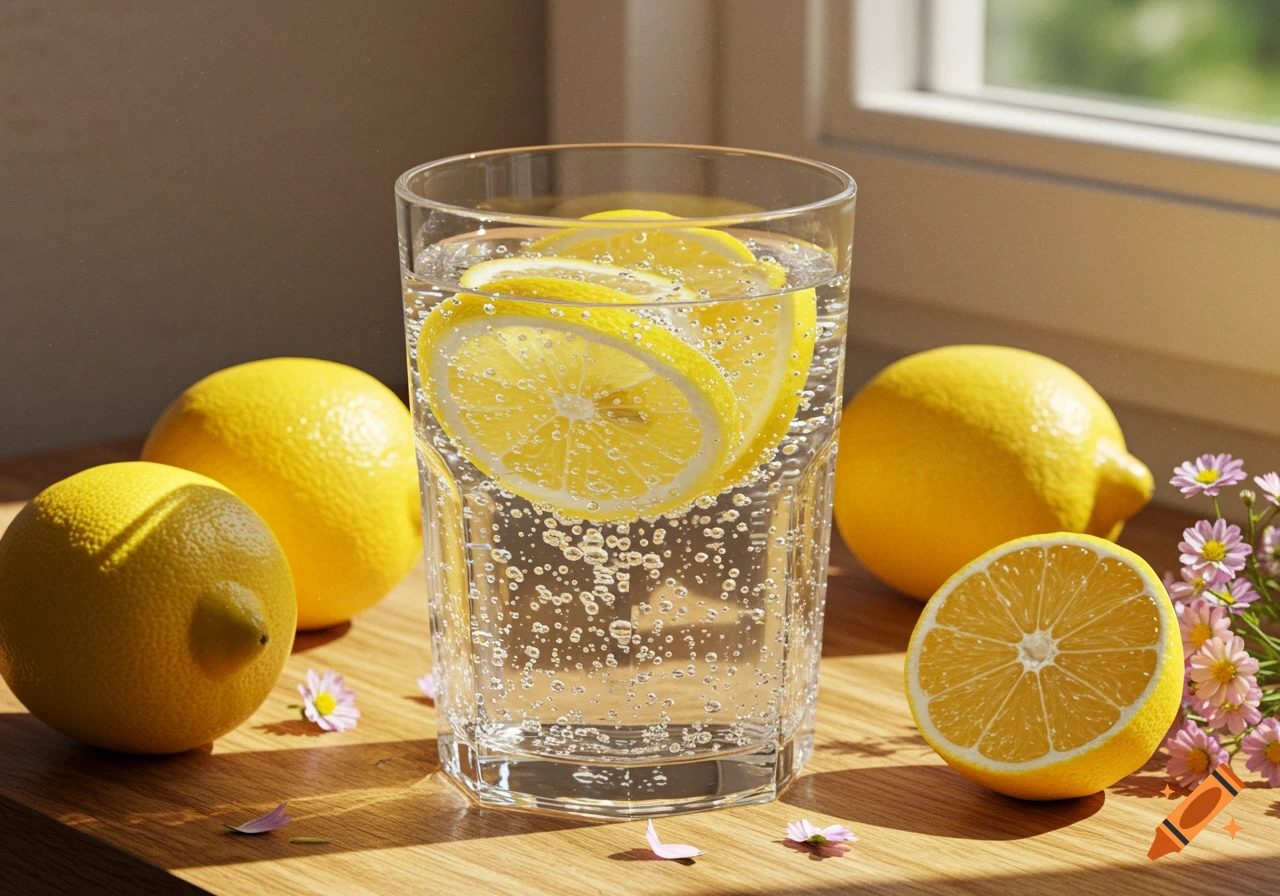 Photorealistic image of sparkling water with lemon slices in a glass, surrounded by lemons and flowers on a sunlit wooden table.