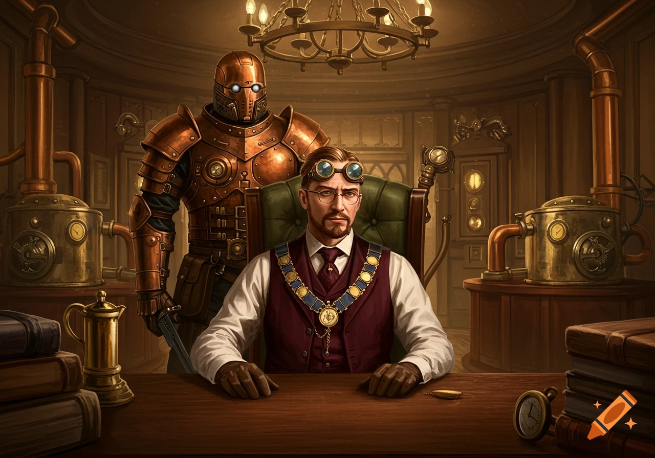 A steampunk mayor with goggles sits at a wooden desk, with a large, armored robot standing behind him in a richly decorated room.