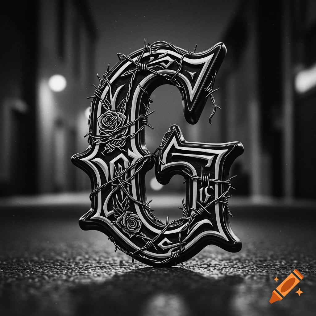 Ornate black and white letter G wrapped in barbed wire and roses on a wet street.