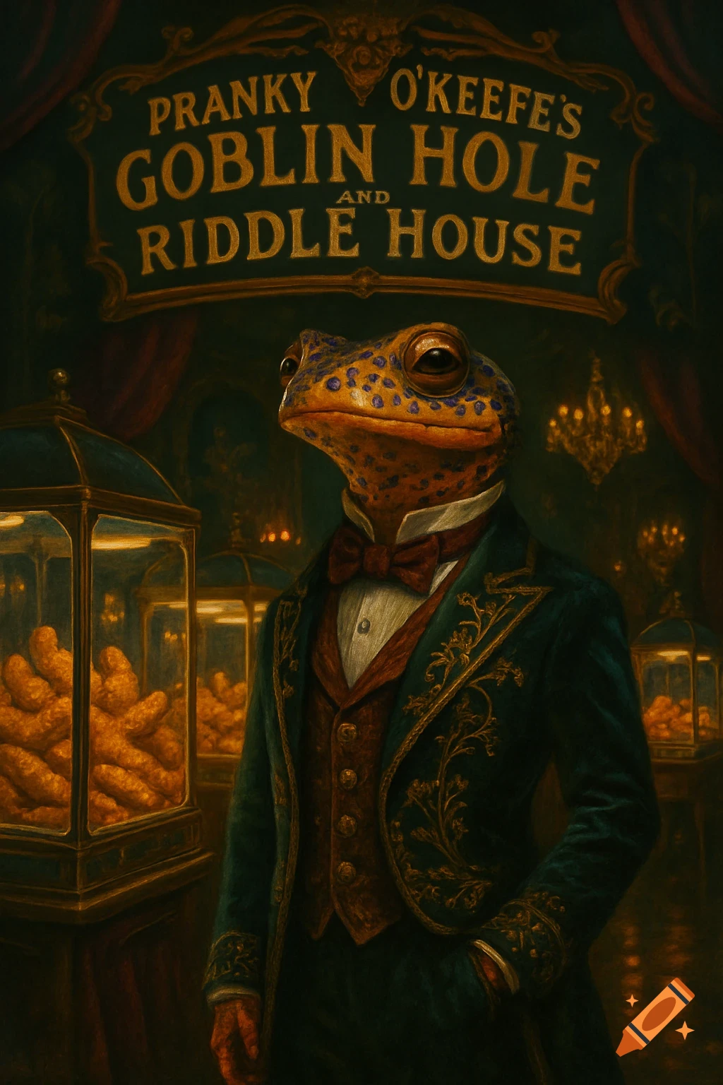 An anthropomorphic frog in a fancy teal and gold suit stands in a dim, ornate room with display cases of chicken tenders. A sign reads "Pranky O'Keefe's Goblin Hole and Riddle House."