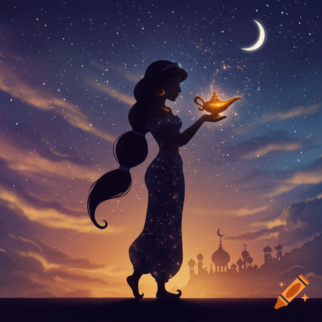 A silhouette of Princess Jasmine holding a glowing magic lamp under a starry night sky with a crescent moon and distant palace.