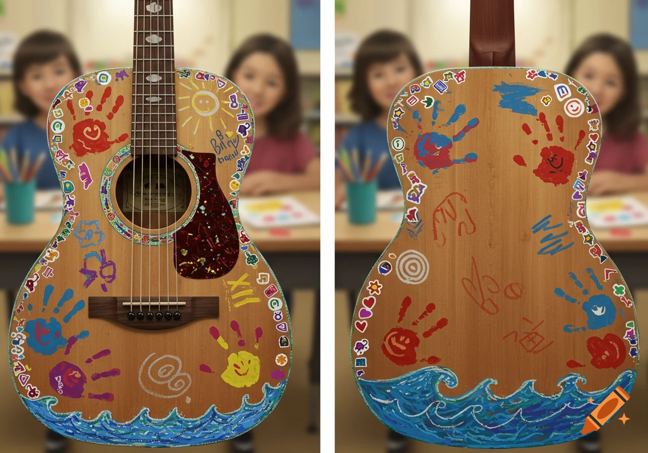 Front and back of an acoustic guitar decorated with colorful handprints, drawings, and stickers, set against a blurred background of children in a classroom.