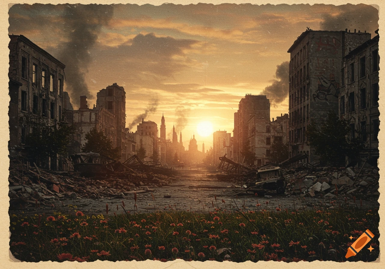 A ruined city street at sunset, with collapsed buildings, rubble, and smoke rising against an orange sky. Wildflowers grow in the foreground, and the image has a vintage postcard aesthetic.