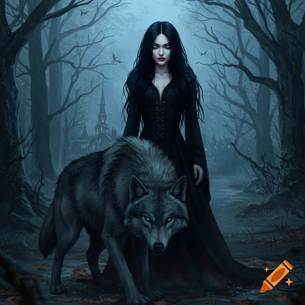 A pale woman in a black gothic dress stands with a gray wolf in a dark, foggy forest with a distant gothic village, illustration.