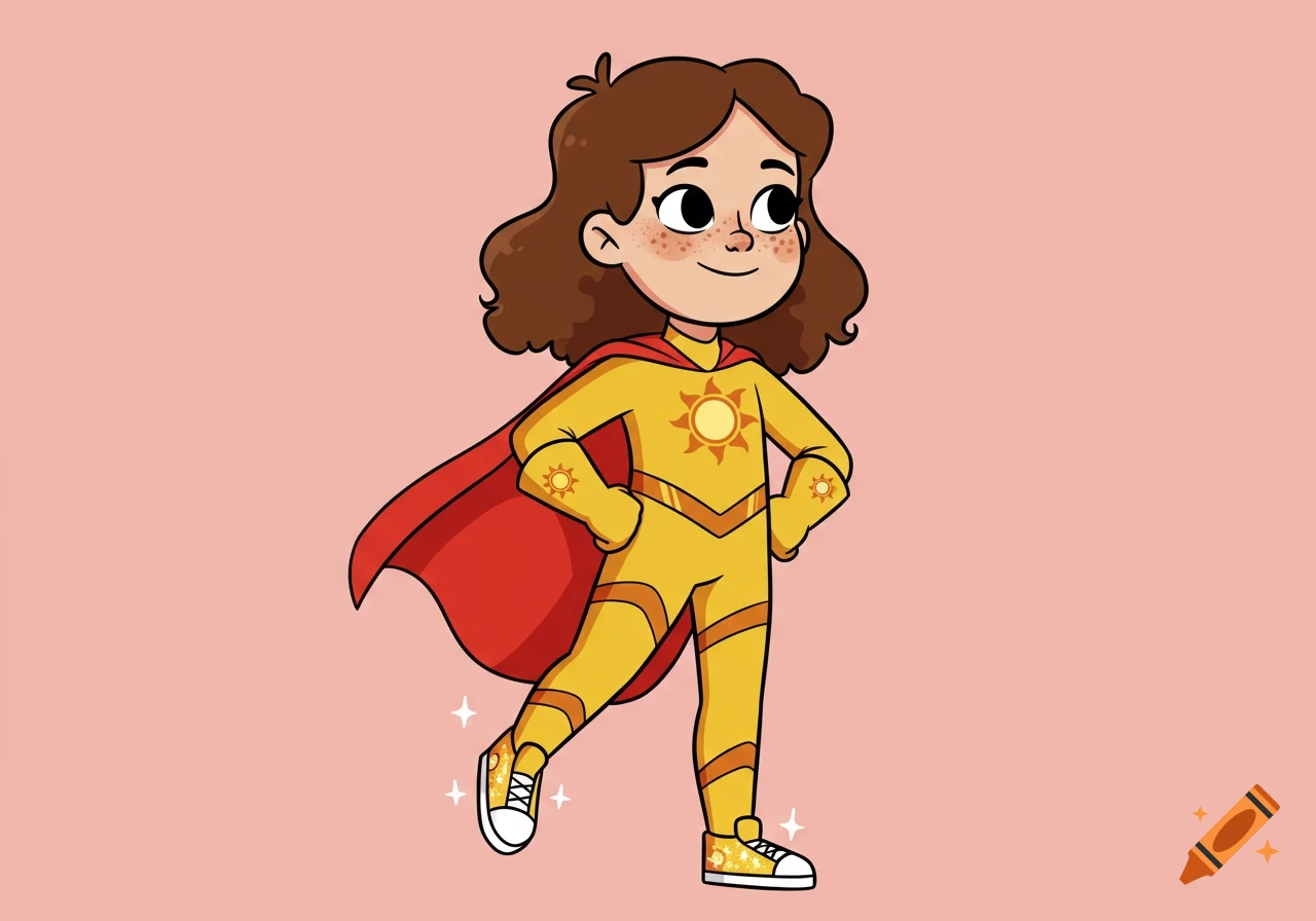 A cartoon girl in a yellow superhero suit with a red cape, sun emblems, brown wavy hair, and sparkling white sneakers.