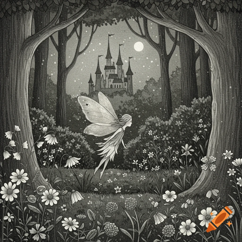 A black and white children's book illustration of a fairy floating in a moonlit forest with a castle and flowers.