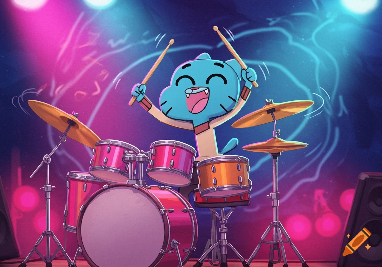 Gumball Watterson, a blue cat, excitedly plays a pink and orange drum kit on a stage with vibrant pink and blue lighting.
