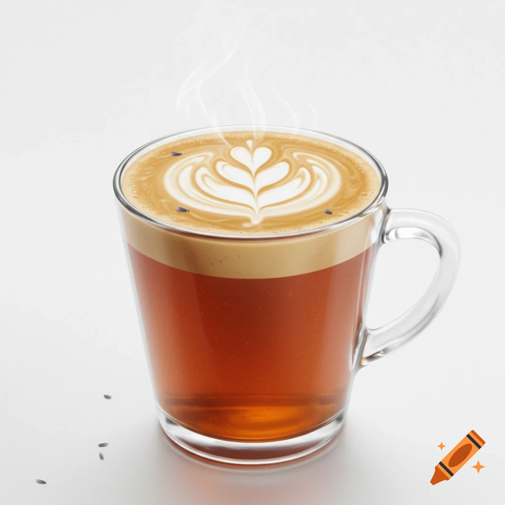 Steaming London Fog drink in a clear glass mug with detailed latte art on a white background.