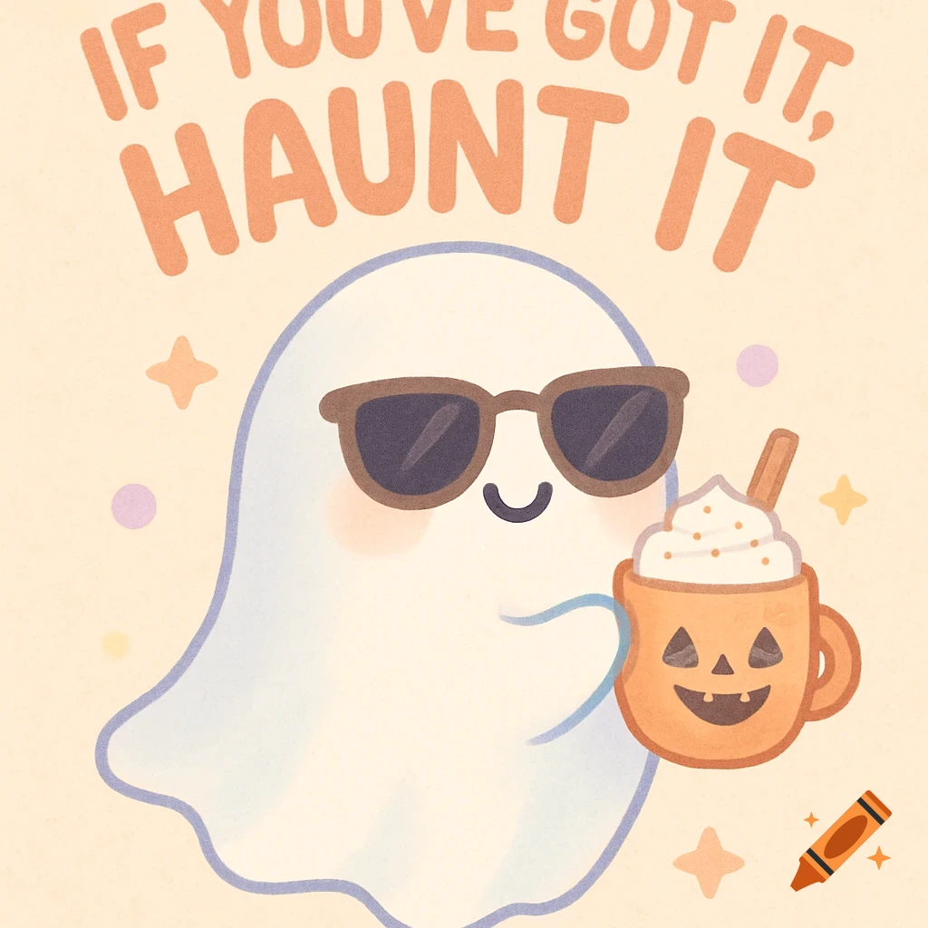 A cute cartoon ghost wearing sunglasses and holding a pumpkin latte, with the text 'If You ’ve Got It, Haunt It' above.