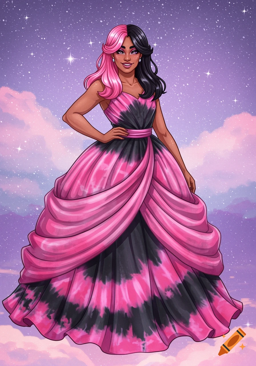 An illustration of a woman in a pink and black tie-dye ball gown standing under a starry, cloudy sky.
