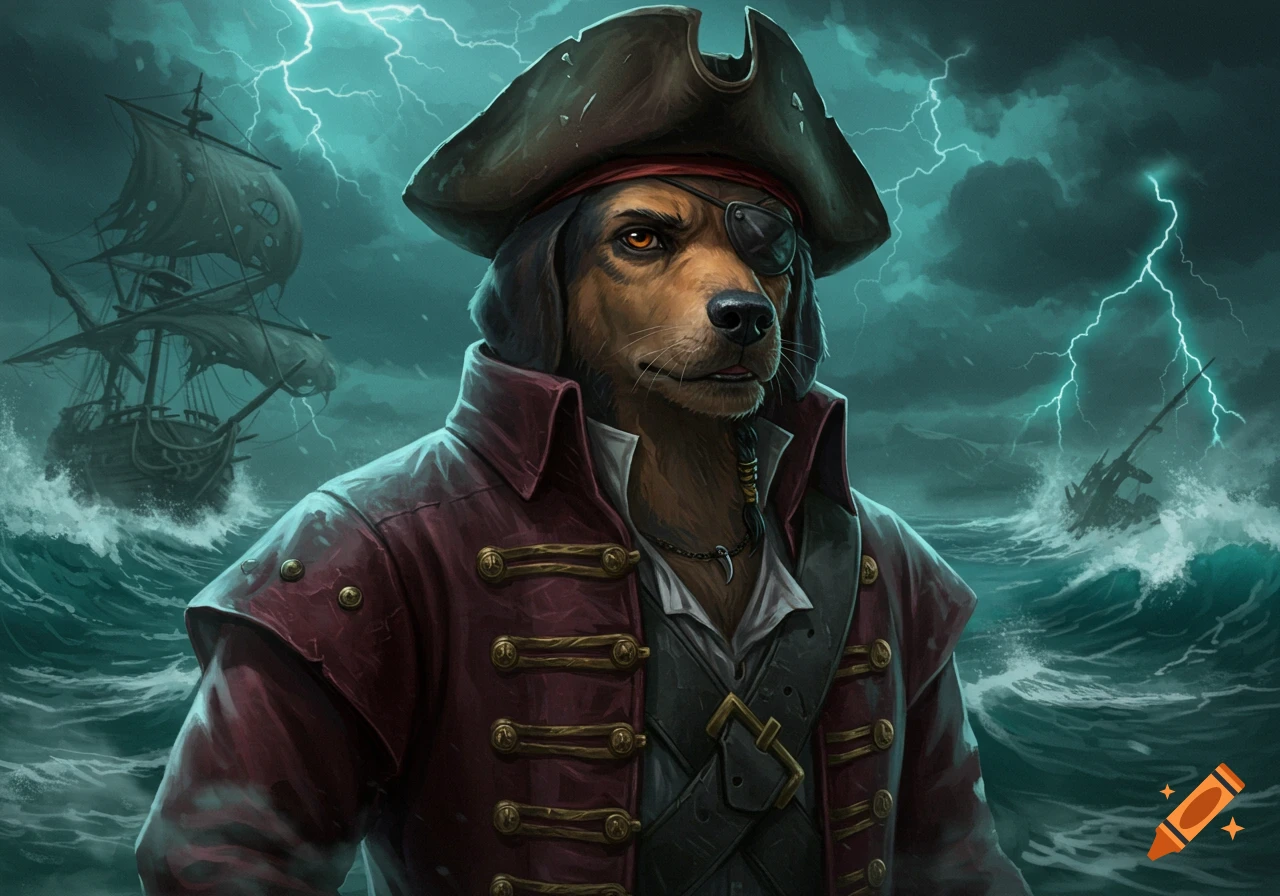An anthropomorphic hound pirate with an eyepatch stands in a stormy sea with ships and lightning.