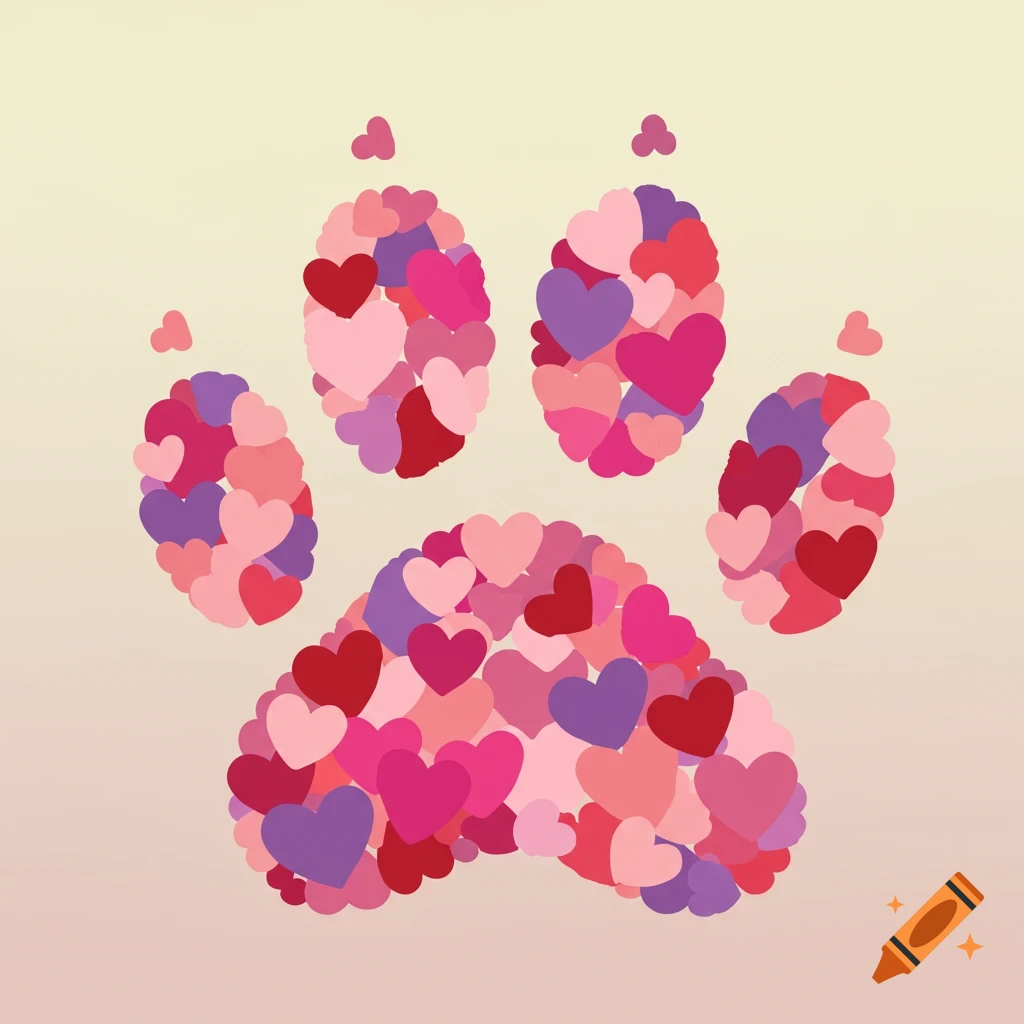 A paw print composed of many small hearts in shades of pink, purple, and red.