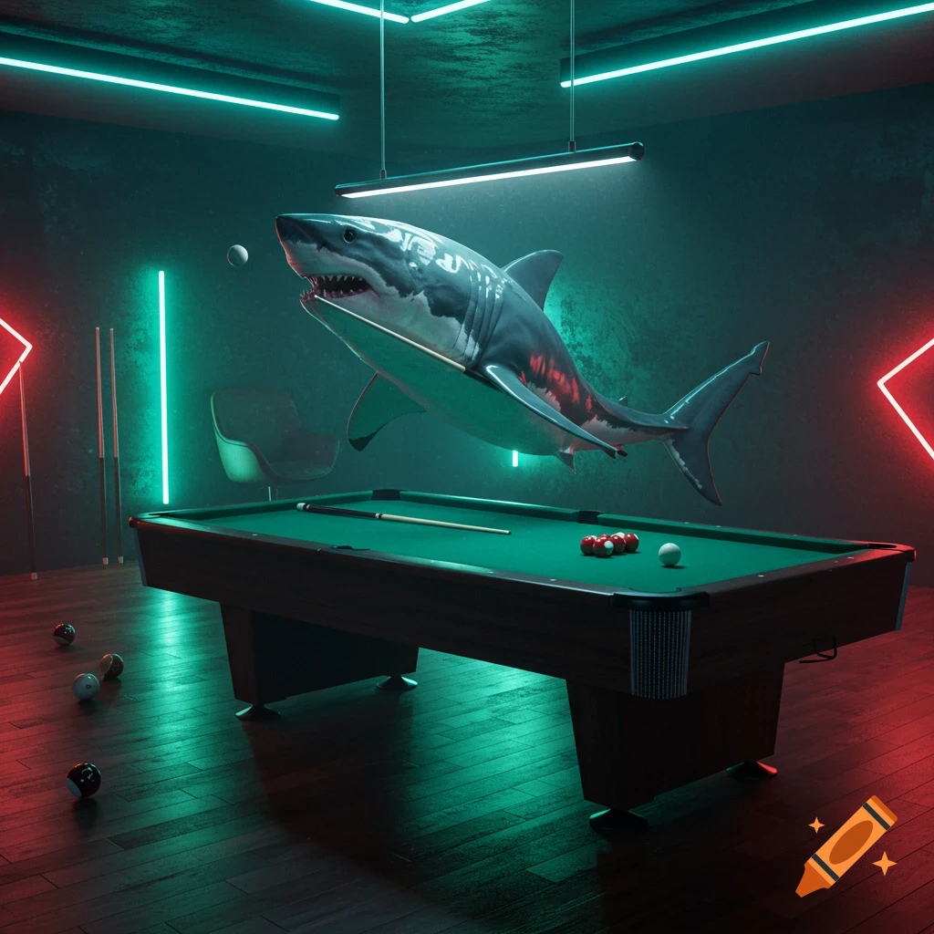 A photorealistic shark hovers above a pool table in a dimly lit room with neon green and red lighting.