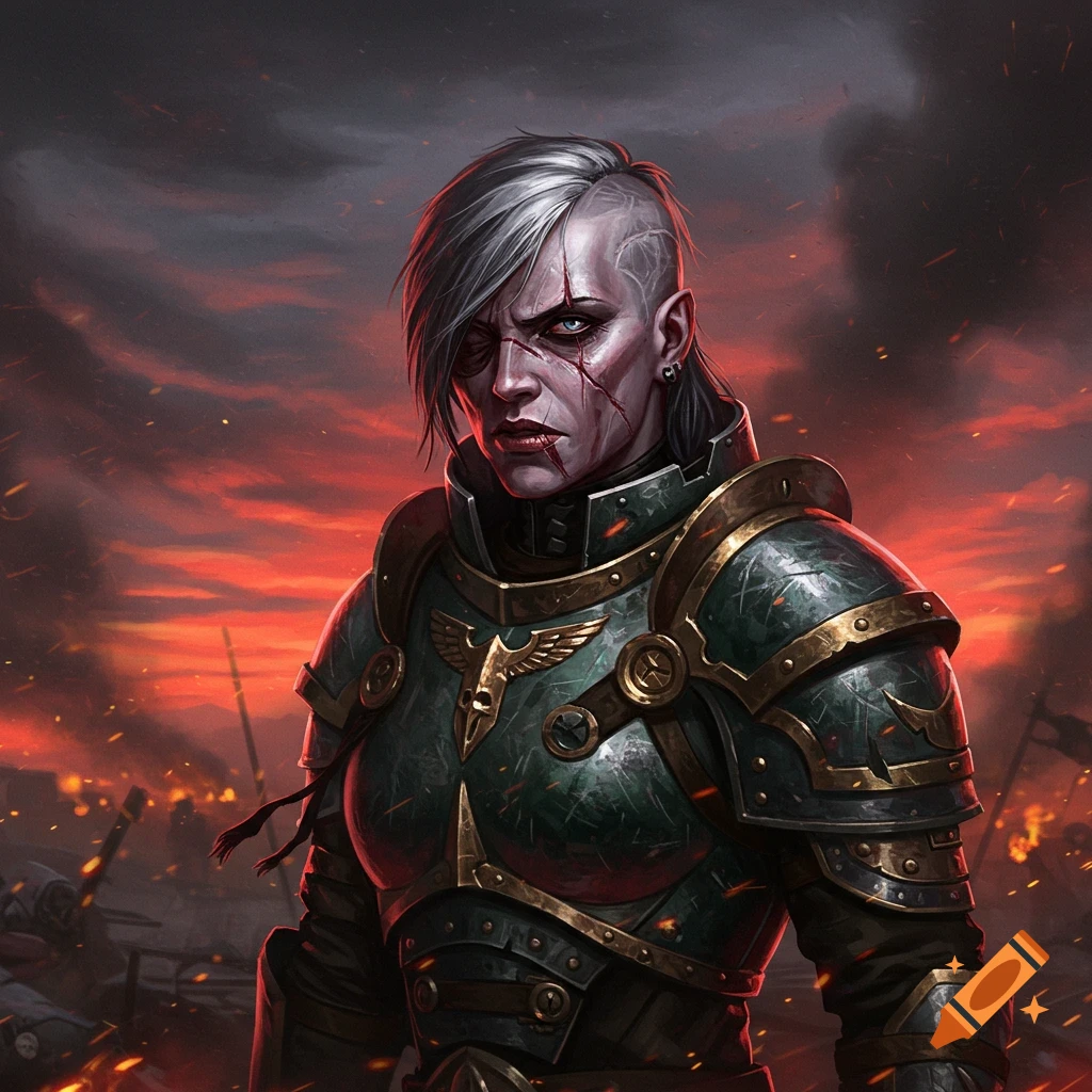 A grim female warrior in green and gold armor with a shaved side of her head and facial scars, standing against a fiery, battle-torn red and black sky.