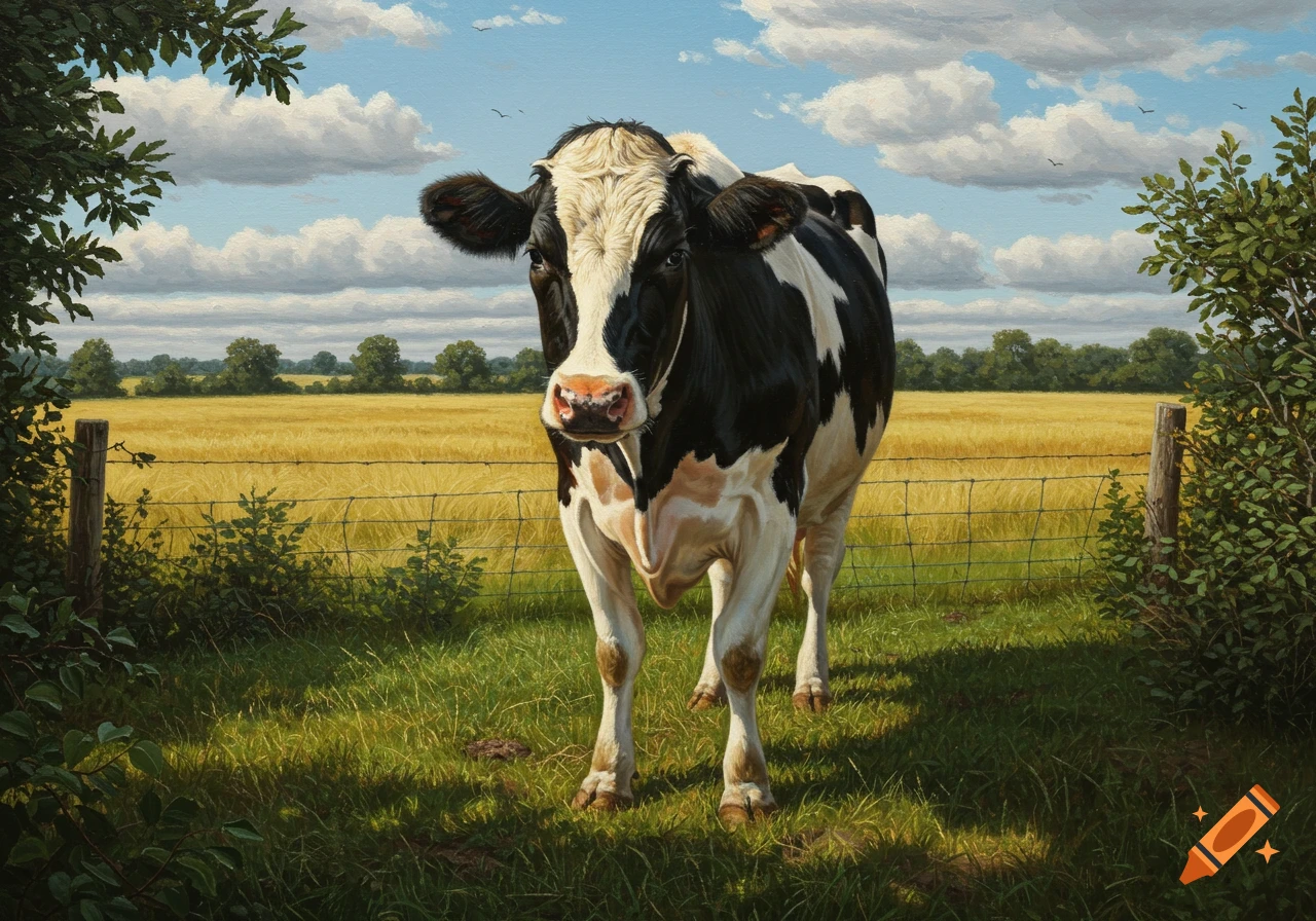 A photorealistic black and white Holstein cow stands in a grassy field with a wire fence, backed by golden crops and a blue sky with clouds.