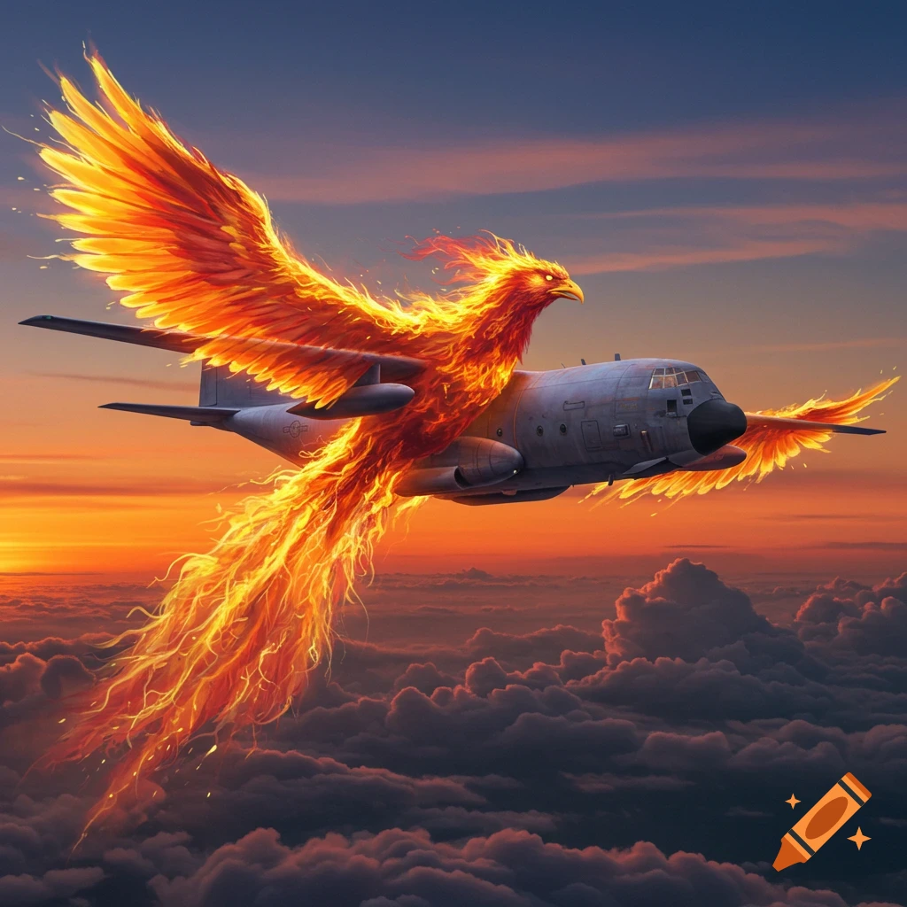 A C130 plane with flaming phoenix wings and tail flies above clouds during sunset.