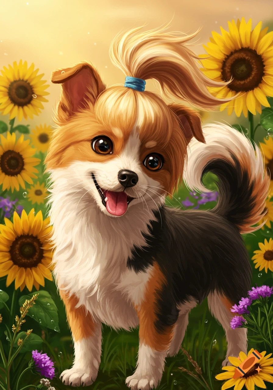 A cute cartoon dog with a blond ponytail stands in a vibrant field of yellow sunflowers and purple flowers, smiling with its tongue out.
