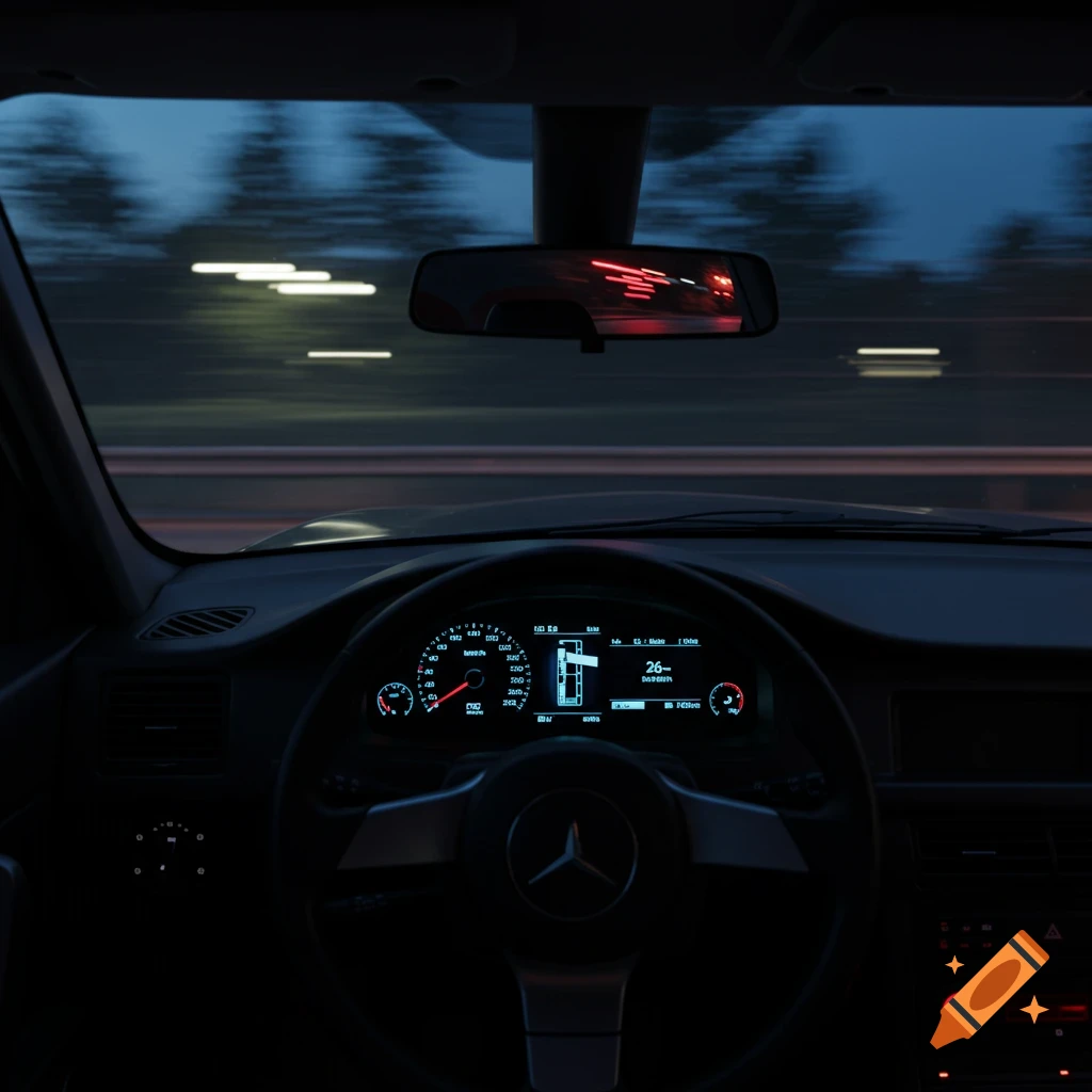 View from inside a car at night, showing the dashboard with illuminated gauges and a steering wheel. The car is moving at 26 mph, with blurred lights in the rearview mirror and outside.