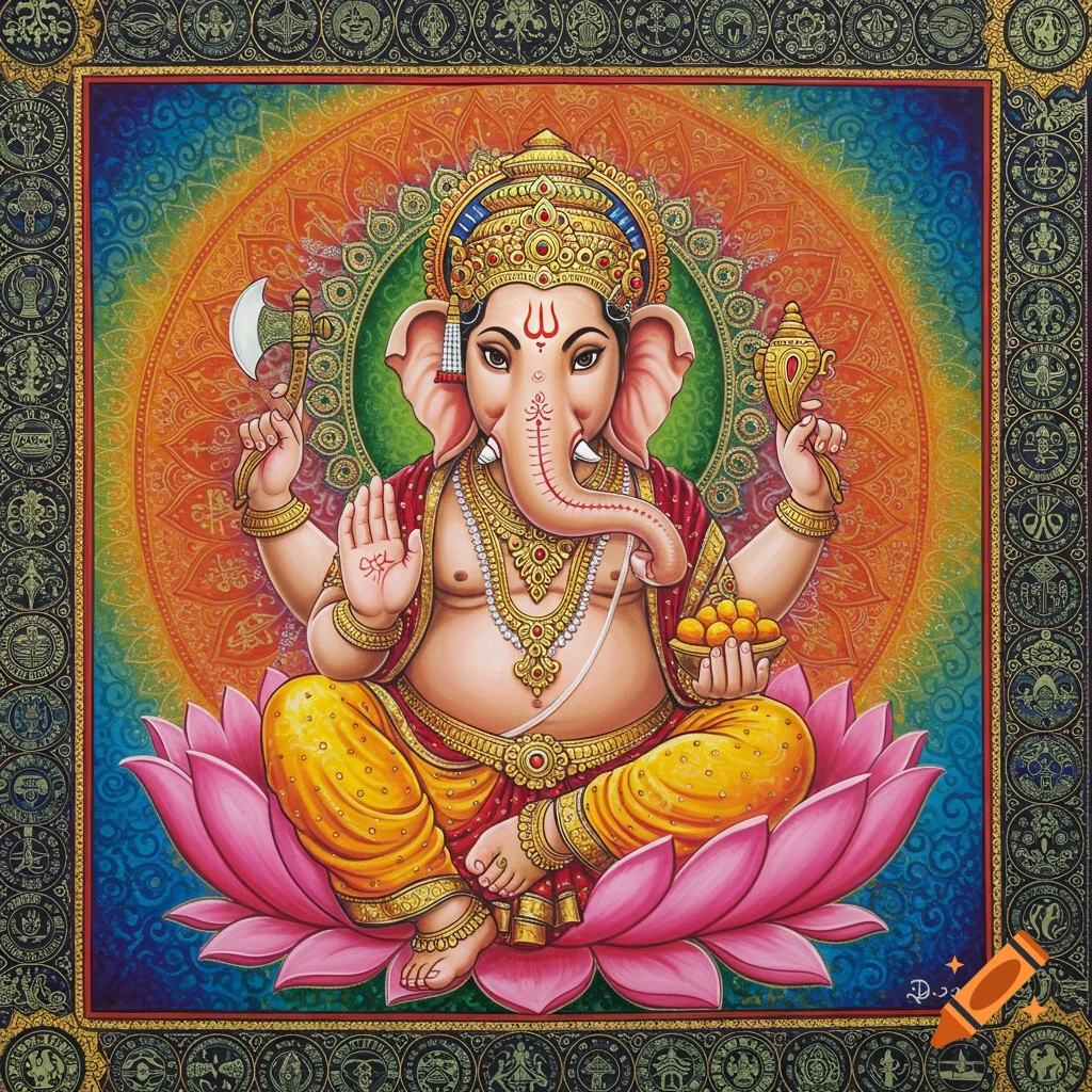 Colorful, detailed painting of Ganesha with an elephant head, sitting on a pink lotus, against a vibrant mandala background.
