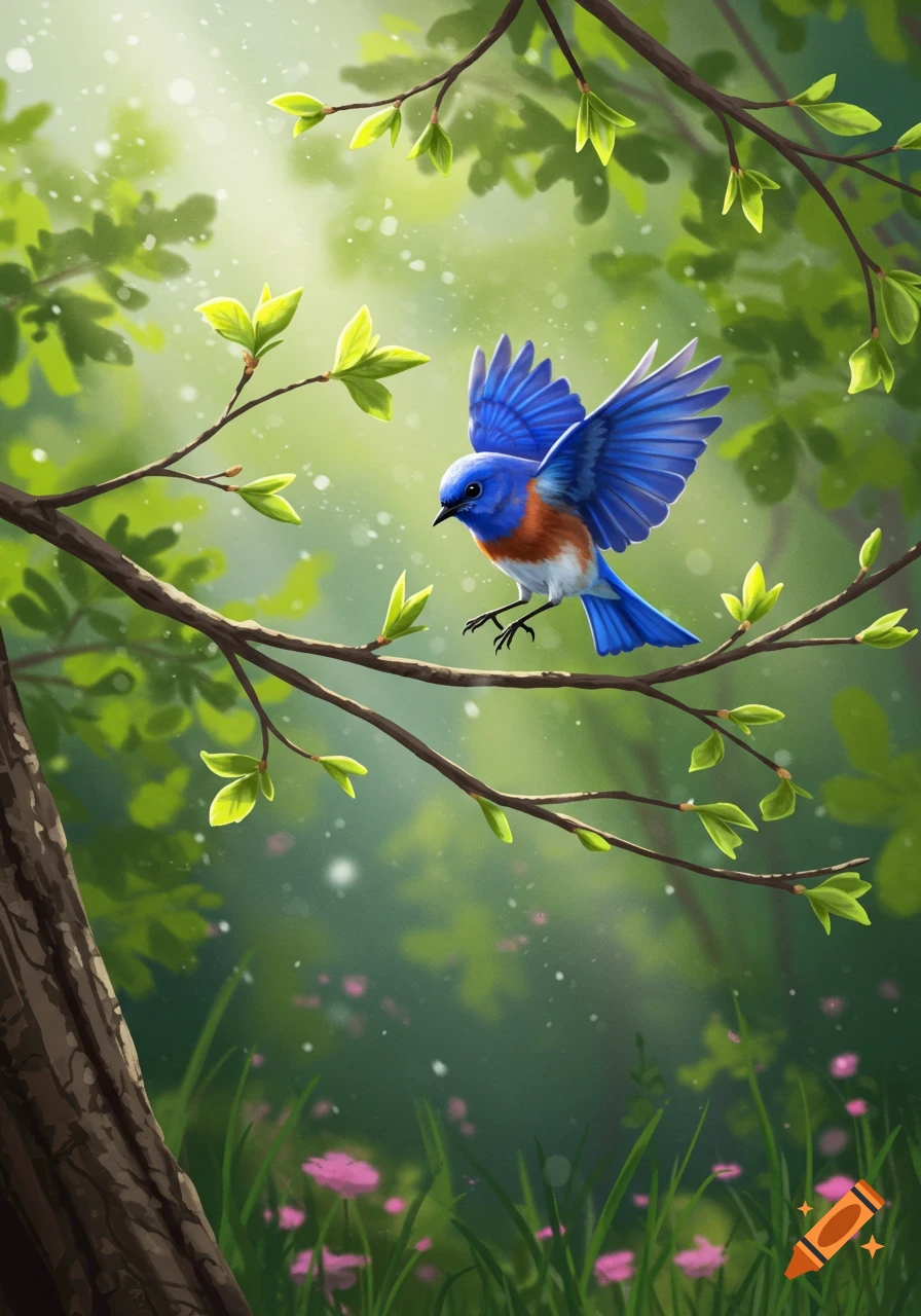 A vibrant illustration of a blue bird with an orange chest landing on a tree branch in a sunlit green forest.
