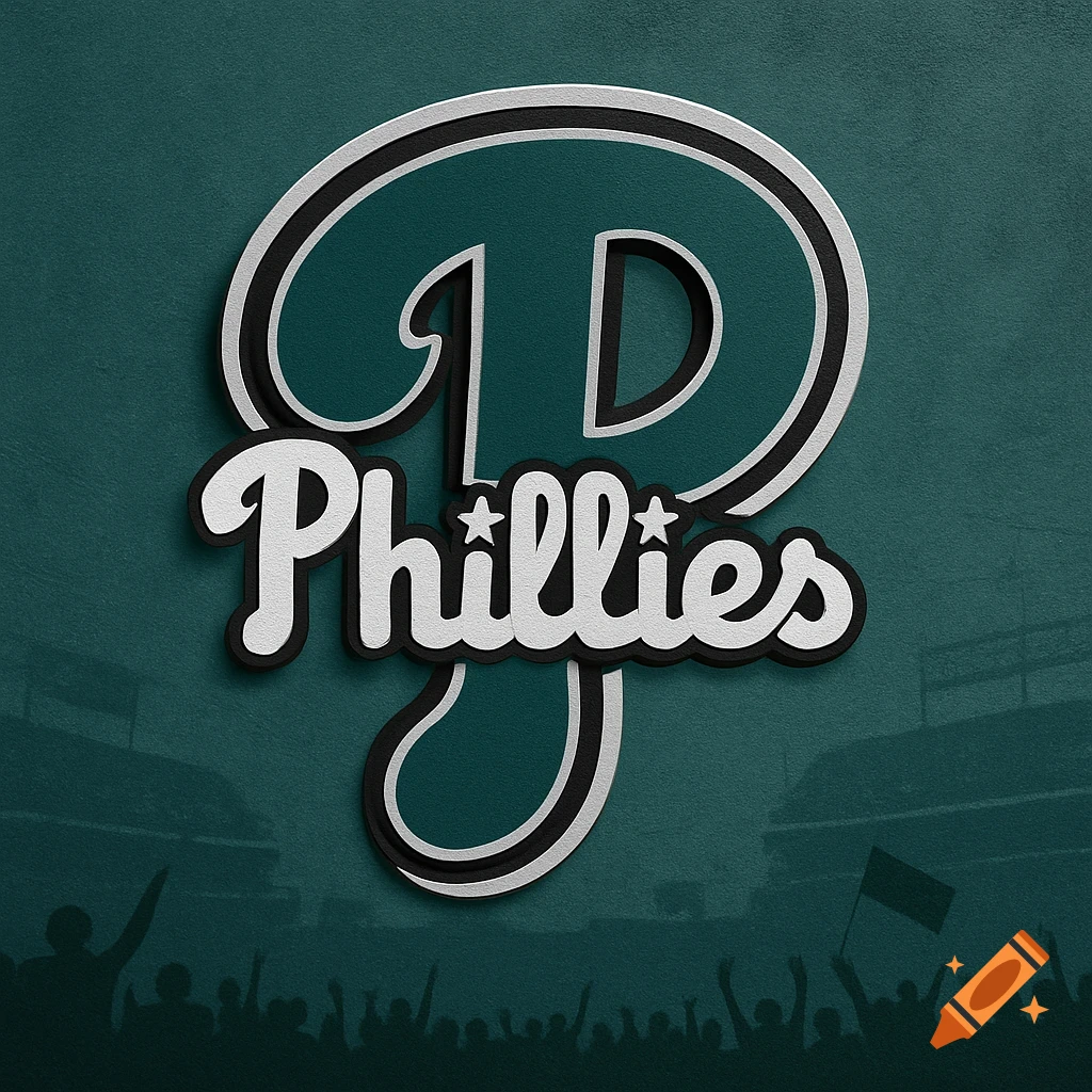 A stylized Philadelphia Phillies logo in teal and black, with the word 'Phillies' in white. A silhouetted stadium and crowd are in the background.