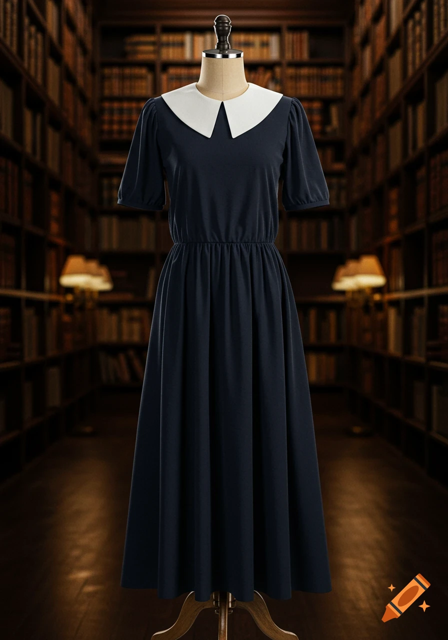 A dark blue dress with a white collar on a mannequin in a library.