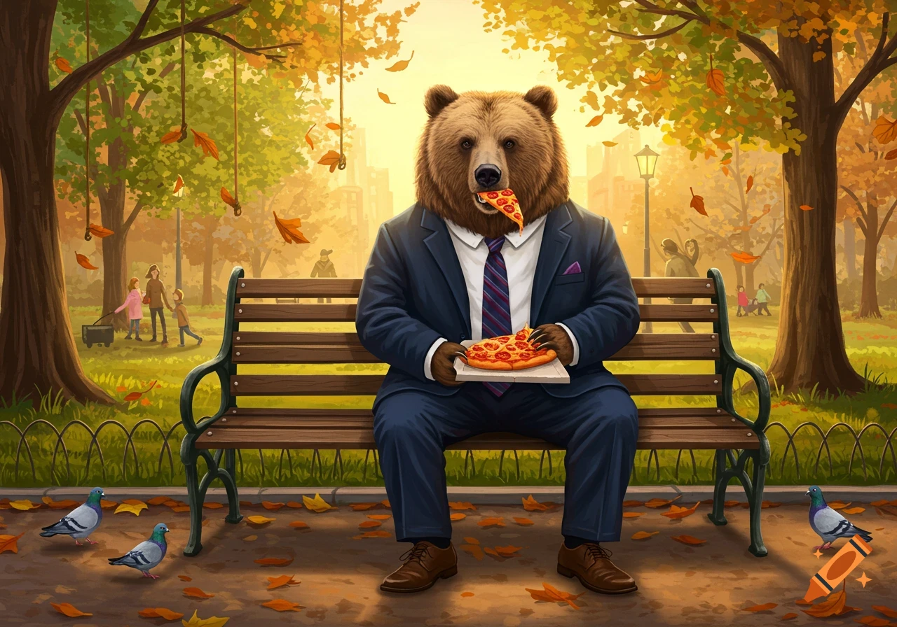 A brown bear in a blue suit and striped tie sits on a park bench in autumn, eating a slice of pizza. Leaves fall around, and pigeons are on the ground.