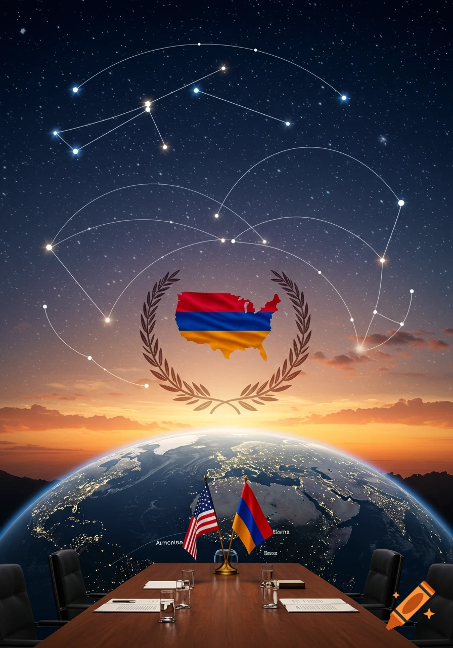 Digital illustration symbolizing international relations, with an Armenian-colored US map under constellations, above a globe with US and Armenian flags on a conference table.