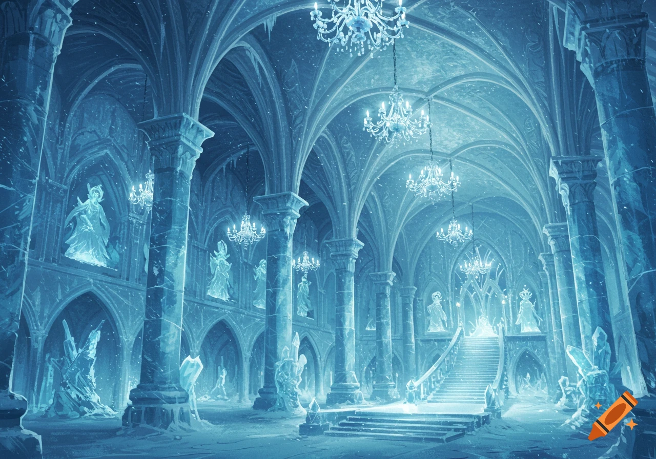 A majestic hall inside an ice castle, with vaulted ceilings, crystal chandeliers, and glowing ice sculptures.