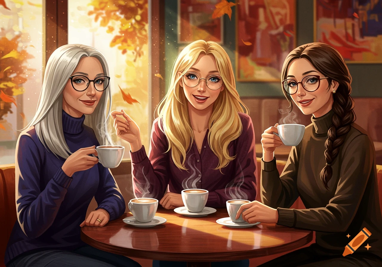 Three women with glasses having coffee at a cafe in digital art style, with autumn leaves outside.
