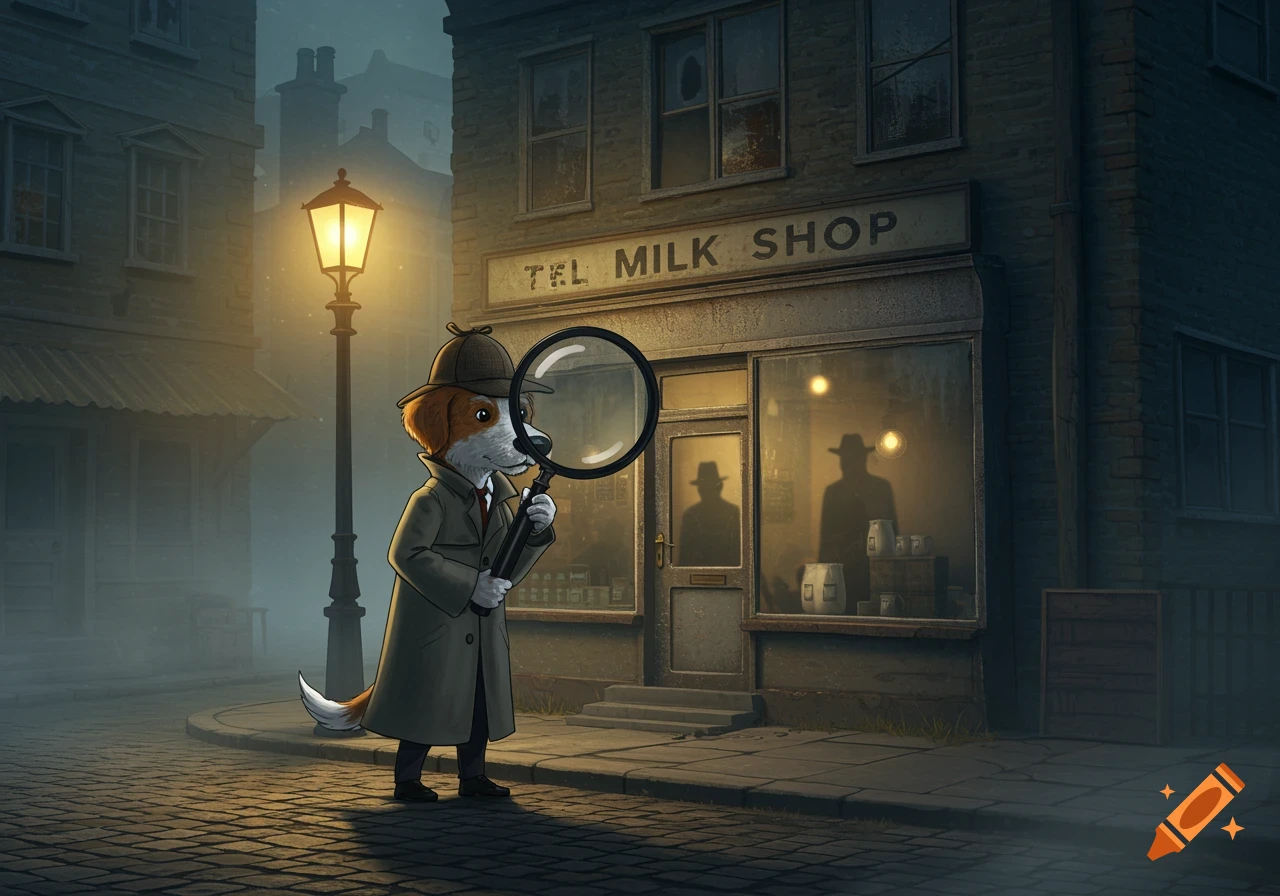 A cartoon dog detective in a trench coat and deerstalker hat, holding a magnifying glass, stands on a foggy street in front of a vintage milk shop at night.
