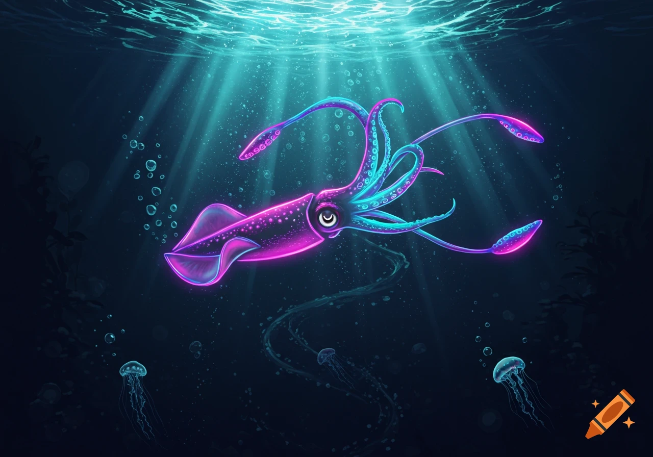 A vibrant, glowing neon squid swims in a dark blue ocean, illuminated by light rays, with two jellyfish below.