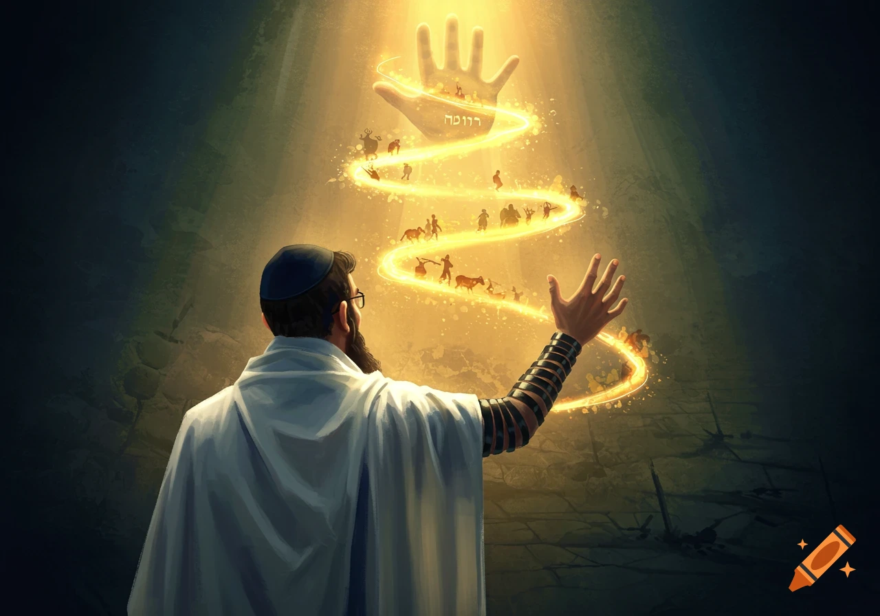 A man in a tallit and kippah, seen from behind, reaches towards a glowing divine hand in the sky. A golden light stream with small figures spirals from the hand to the man's tefillin-wrapped arm, representing prosperity contrasting with a dark background.