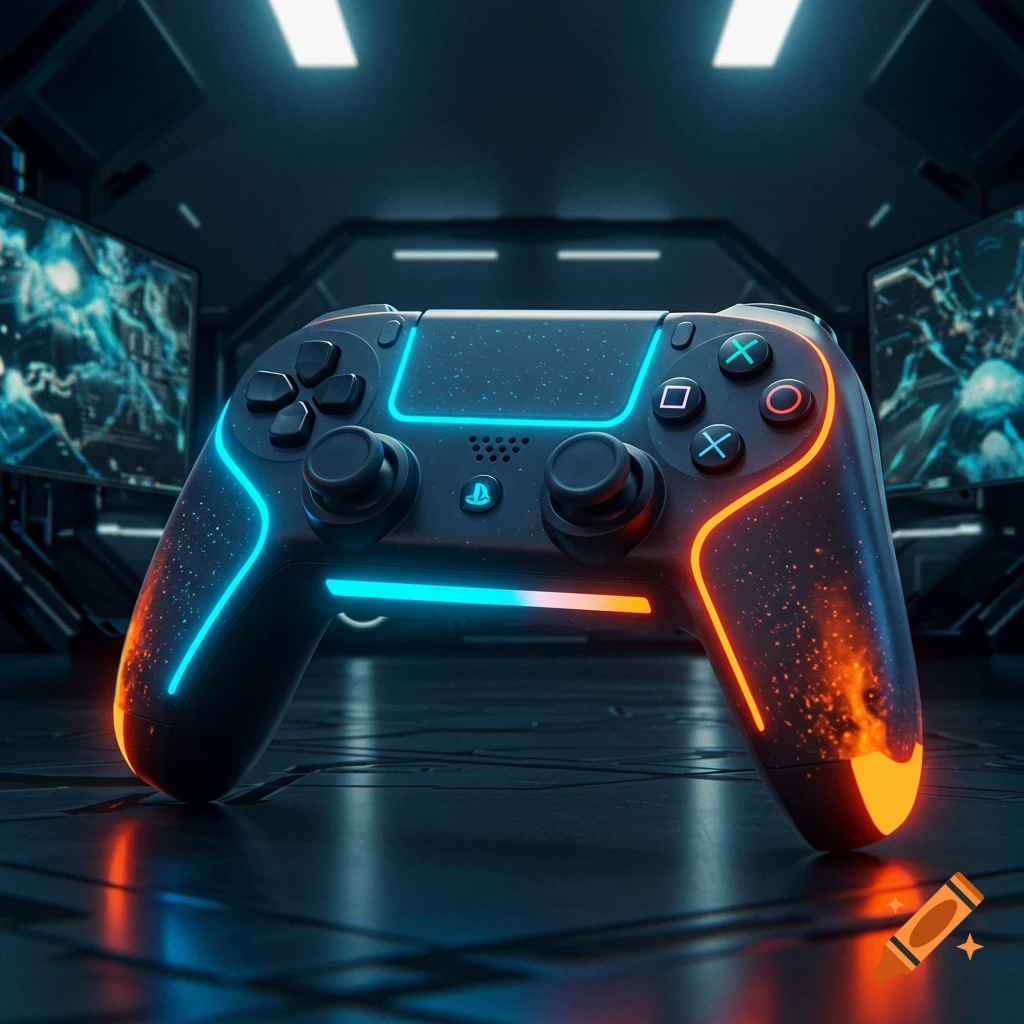 A close-up of a futuristic black gaming controller with glowing blue and orange lights in a dark, metallic room with abstract screens in the background.