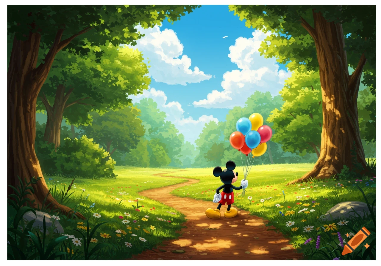 Mickey Mouse walks on a path through a sunny green forest, holding a colorful bunch of balloons.